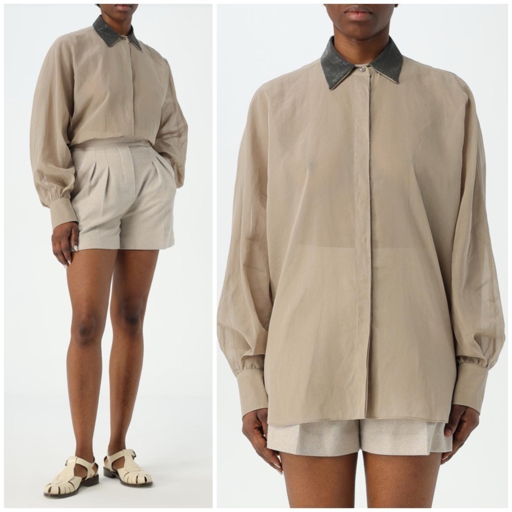 Brunello Cucinelli Monili Beads Embellished Collar Shirt in Coffee Beige SZ 3 XL